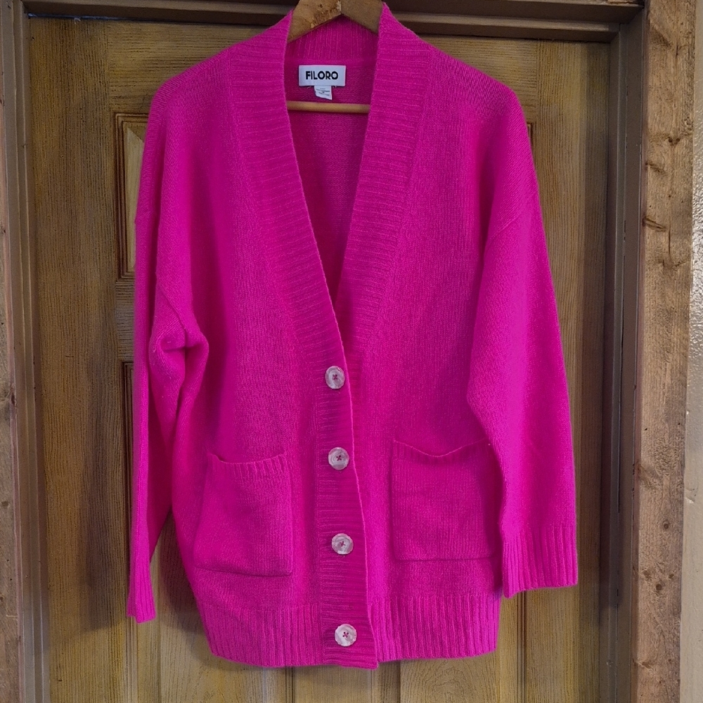 Filoro 100% Cashmere Hot Pink Long Sleeve Pockets Button Up Front Size Medium